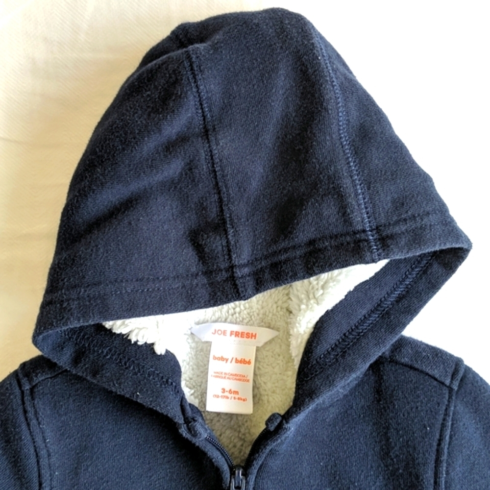 joe fresh navy warm lined zip-up hoodie sweatshirt 3-6 months baby boy - Picture 2 of 8